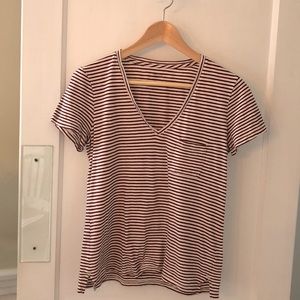 Madewell Whisper Cotton V-Neck Pocket Tee Size Small Maroon Stripe Style #AG227